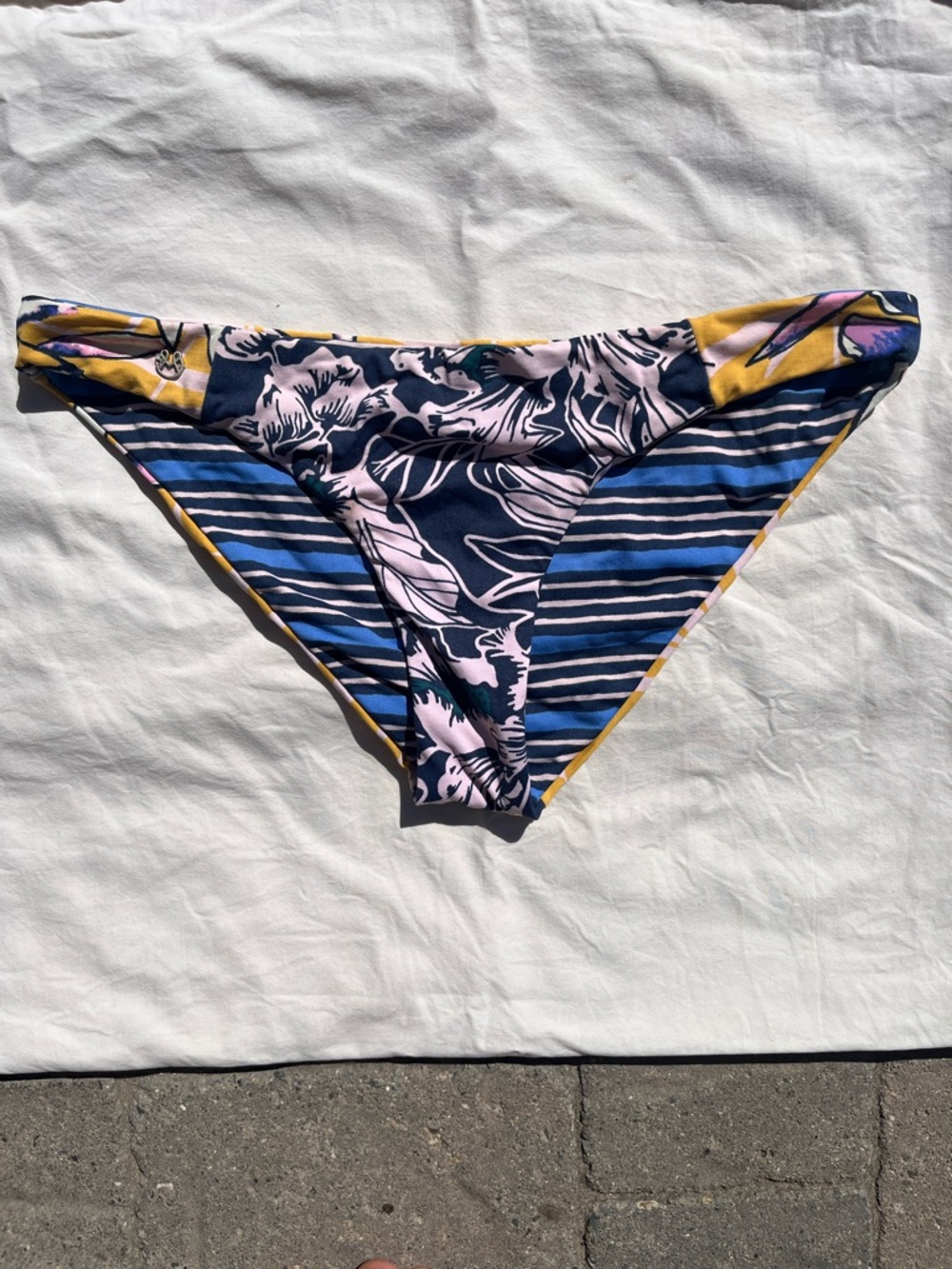 Maaji Navy, Pink & Yellow Floral-Stripe reversible Bikini Bottom